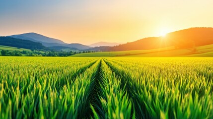 Poster - Peaceful field captured with a stunning sunset in the background creating a serene and majestic natural landscape