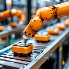 Poster - A robotic arm skillfully working on a conveyor belt system demonstrating advanced automation in a modern factory