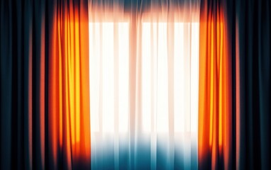 Poster - Sunlight streams through sheer curtains illuminating orange drapes in a warm and inviting room The scene evokes a sense of tranquility and comfort