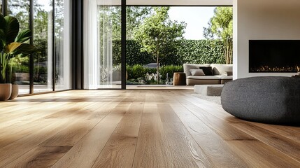 Aufkleber - A spacious living area bathed in sunlight features warm wooden floors, a cozy seating arrangement, and lush greenery visible through large glass windows, creating an inviting atmosphere