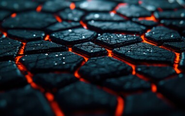 Poster - Glowing Dark Hexagonal Stones Abstract Background Texture Hot Lava Rock Pattern Design