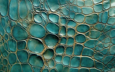Poster - Detailed textured background of blue-green crocodile leather showcasing natural patterns and variations in color for fashion and design use