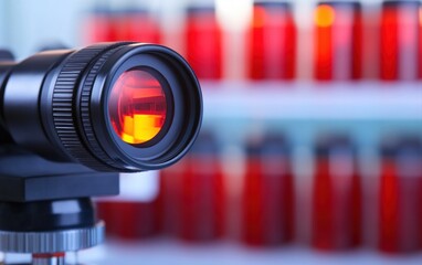 Poster - Close up view of a scientific lens with a red light filter a laboratory setting with blurred vials in the background for research and development