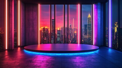 Wall Mural - Podium on a rooftop surrounded by skyscrapers and neon lights 