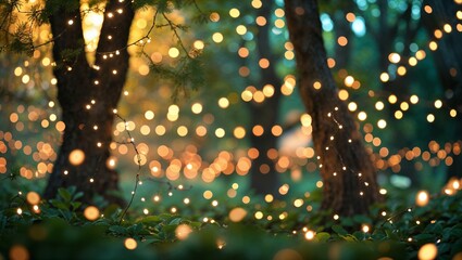 Poster - Twinkling lights create a magical atmosphere in a forest setting during evening hours