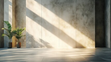 Poster - Bright beams of sunlight cascade across a contemporary indoor space, creating a warm ambiance. Lush greenery in elegant pots adds a touch of nature, enhancing the modern atmosphere