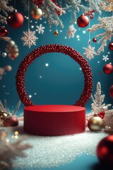 Poster - Red wreath with candy decorations and a bow on top, set against a Christmas background of snowflakes.