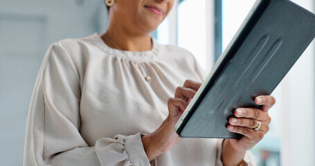 Aufkleber - Business woman, tablet and hands for typing in modern office with communication, vision and networking. Person, touchscreen and click with thinking, application and problem solving in workplace