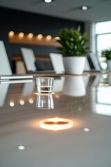 Wall Mural - An empty meeting room with a table and a single glass of water, symbolizing the start of a discussion or negotiation.