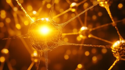 Poster - Golden Network of Interconnected Spheres, Abstract Structure, Digital Illustration, Neural Network