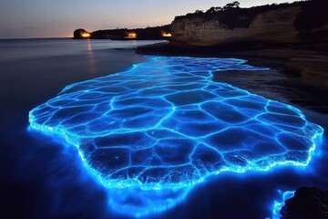 Wall Mural - Bioluminescent waves illuminate the shoreline at twilight, creating a magical coastal scene