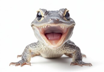 Poster - Happy Frog Smiling on White Background Highlighting Unique Facial Features and Texture of Its Skin, Perfect for Nature and Wildlife Themes