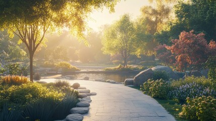 Poster - A serene garden path winds through vibrant foliage, as sunlight filters through the trees in the early morning. Gentle ripples dance on the water's surface nearby