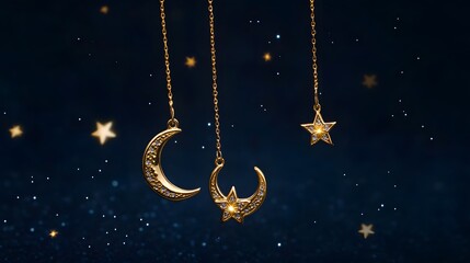 Wall Mural - a celestial-themed jewelry set with gold crescent moons and stars, glowing on a deep navy background