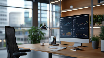 Fototapete - Modern Office Workspace with Computer Displaying Financial Graphs and Data Analysis in Urban Environment