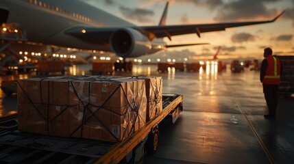 Poster - Cargo loading process at an airport with crates on tarmac, airplane in the background, evening light enhancing the scene of logistics and transportation