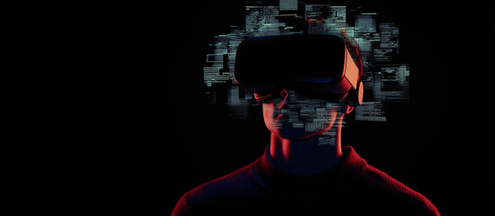 Poster - Immersive Data: A person in a VR headset experiencing the digital world, with data streams superimposed, highlighting the convergence of humans and technology