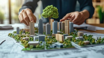 Poster - Creative Urban Planning Concept with Hands Placing Trees and Buildings on a Detailed Model in a Bright Office Environment