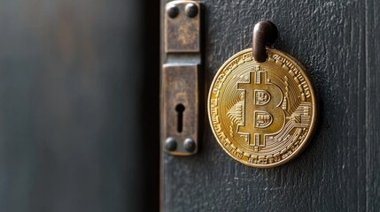 Poster - Close-up of a golden Bitcoin hanging on a dark wooden door, symbolizing digital currency, innovation, and modern financial security concepts