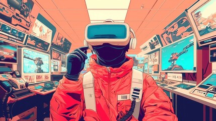 Poster - VR Arcade Experience, a vibrant cartoon scene of a dedicated worker fitting a headset on an eager player, inviting atmosphere, clean vector style with ample copy-space for text.