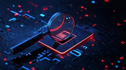 Poster - Red and Blue Printed Circuit Board with Magnifying Glass Highlighting Symbol in a High-Tech Conceptual Illustration