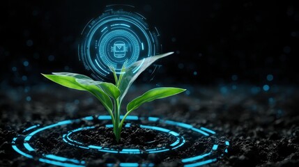 Poster - Modern Technology Meets Nature with Growing Plant and Digital Interface Representing Innovation, Sustainability and Environmental Awareness Concepts