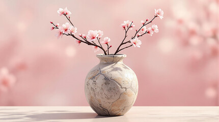 Poster - A marble vase filled with delicate pink blossoms, set against a soft pink backdrop.