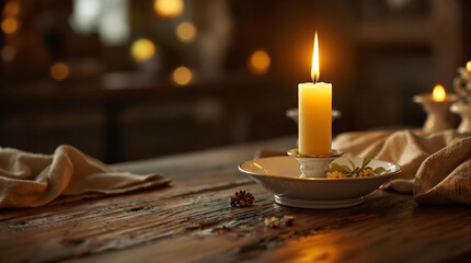 Aufkleber - A rustic wooden table adorned with a lit candle, a bowl of food, and a cloth. The background is softly blurred, creating a warm, inviting atmosphere.