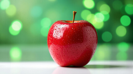 Poster - A vibrant red apple with water droplets, set against a blurred green bokeh background.