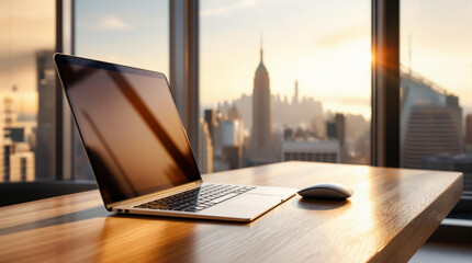 Aufkleber - A laptop computer sitting atop a wooden desk, with a mouse beside it, set against a backdrop of a cityscape bathed in the soft glow of the setting or rising sun.