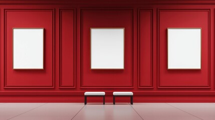 Poster - Elegant art gallery interior featuring vibrant red walls, empty frames, minimalistic benches, creating a tranquil and inviting atmosphere for visitors