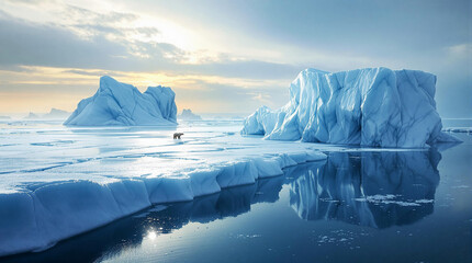 Fototapete - A polar bear standing atop a snow-covered ice floe, surrounded by icebergs floating in the water. The sky above is painted with hues of blue and white, suggesting either dawn or dusk. The bear's silho