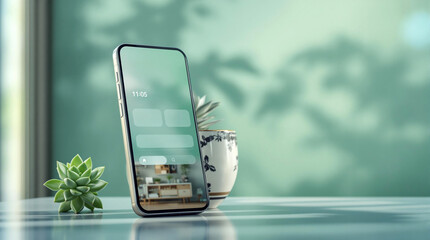 Aufkleber - A smartphone placed on a table beside a potted plant, with a blurred background suggesting a serene indoor setting. The phone's screen displays a webpage, hinting at a modern, tech-oriented environmen