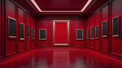 Poster - elegant red gallery interior showcasing empty frames, art exhibition space with vibrant color scheme