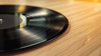 Aufkleber - A close-up shot of a vinyl record placed on a wooden surface, with a blurred background. The record is black with a glossy finish, and the wooden surface has a natural grain pattern.