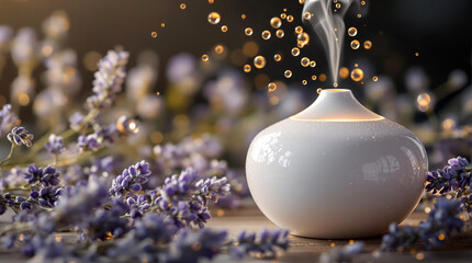 Poster - A diffuser emitting a gentle mist, surrounded by vibrant lavender flowers, set against a blurred background. The diffuser is white, contrasting with the delicate purple of the flowers.