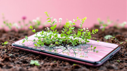 Poster - A smartphone with a vibrant green plant growing out of it, set against a soft pink background.