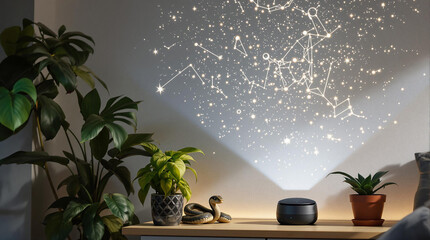 Poster - A room with a bed adorned with pillows, a table with potted plants, and a constellation projection on the wall. The nightlight casts a soft glow, illuminating the stars and creating a serene atmospher