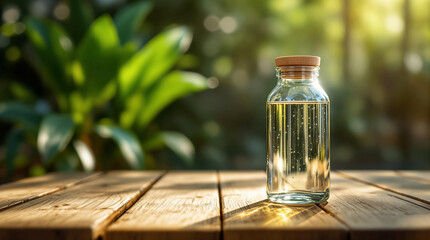 Aufkleber - A glass bottle filled with a golden liquid, placed on a wooden surface, with a blurred green background suggesting a garden setting.