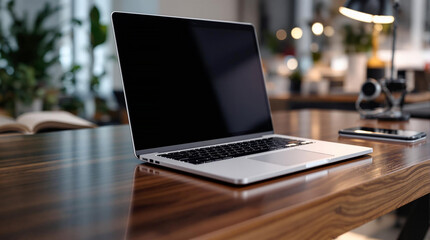 Aufkleber - A laptop computer sitting atop a wooden table, accompanied by a book to its left and a lamp to its right. The background is slightly blurred, revealing a room with plants and other objects, suggesting