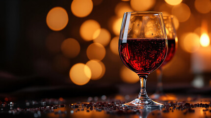 Poster - A glass of red wine sitting atop a reflective surface, with a blurred background of warm, golden lights.