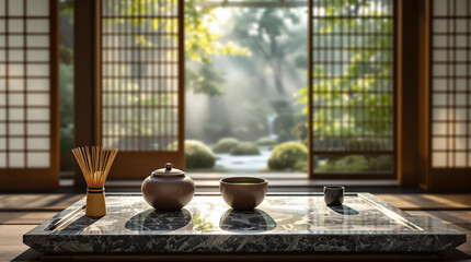 Poster - A serene, traditional Japanese tea ceremony setup, with a tatami mat on the floor, a tray with a bowl and a container, and a vase with reed diffusers. The room is illuminated by natural light streamin
