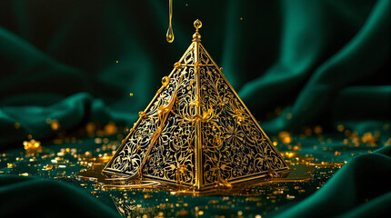 Poster - A golden pyramid-shaped object suspended in the air against a dark green backdrop, with a few golden particles scattered around it.