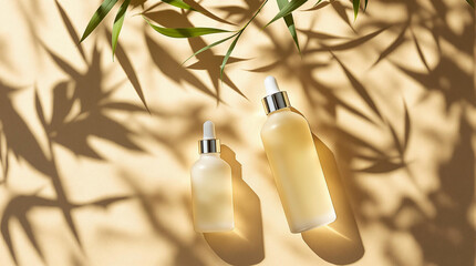 Poster - A top-down view of two white bottles filled with a liquid, likely a skincare product, set against a backdrop of a wall with intricate shadow of bamboo shoots and leaves. The bottles are positioned in 
