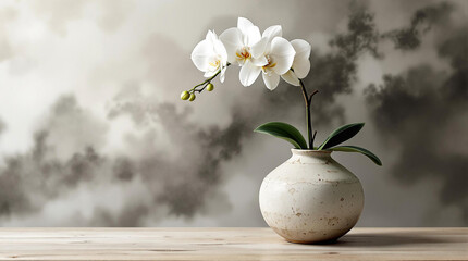 Poster - A white orchid in a white vase placed on a wooden surface against a blurred background. The orchid stands out with its delicate petals and vibrant green leaves.
