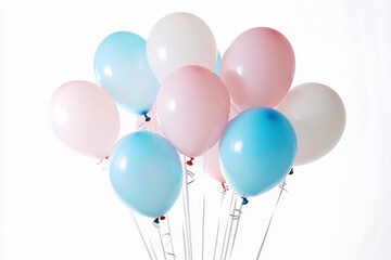 Poster - Bunch of pastel balloons in pink, blue, and white floating against a stark white background, perfect for party decorations or celebrating special occasions.