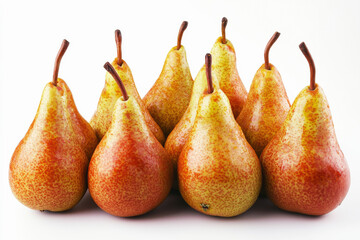 Wall Mural - A close-up studio shot of a group of ripe pears with yellow and red skin, standing together on a white background, highlighting their natural beauty and texture.