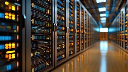Poster - Futuristic Data Center Corridor with Illuminated Server Racks and Advanced Technology Infrastructure in a Modern IT Environment