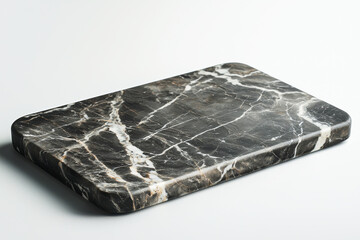 Poster - Elegant close-up of a dark marble cutting board, showcasing its unique natural veining patterns and smooth, rounded edges on a bright surface, studio shot.