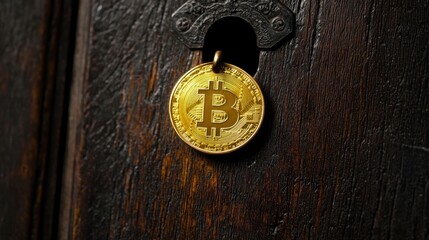 Poster - Golden Bitcoin Coin Hanging from Vintage Lock on Dark Wood Background Symbolizing Cryptocurrency Security and Financial Investment Concepts